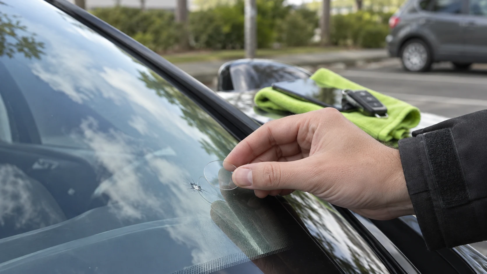 Pose d’un patch transparent de protection sur un petit impact de pare-brise.