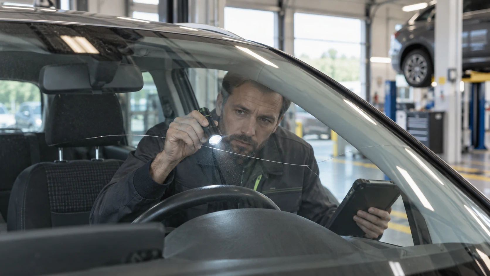 Contrôleur examinant une fissure sur le pare-brise dans le champ de vision du conducteur.