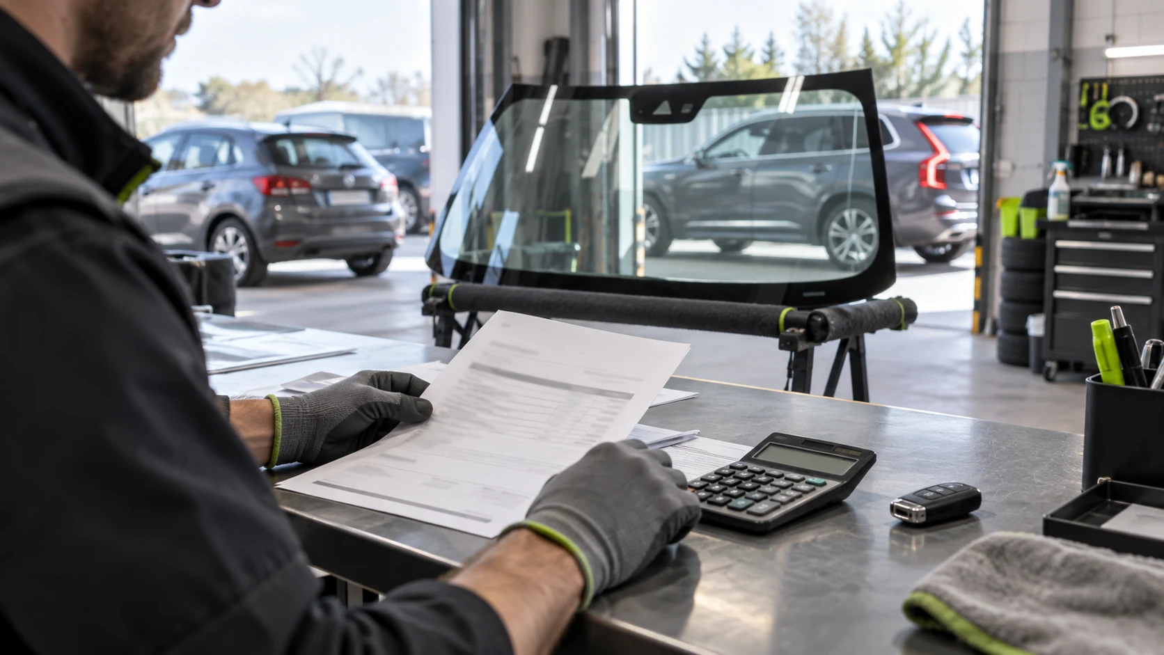 Préparation d’un devis de remplacement de pare-brise dans un atelier de vitrage automobile.