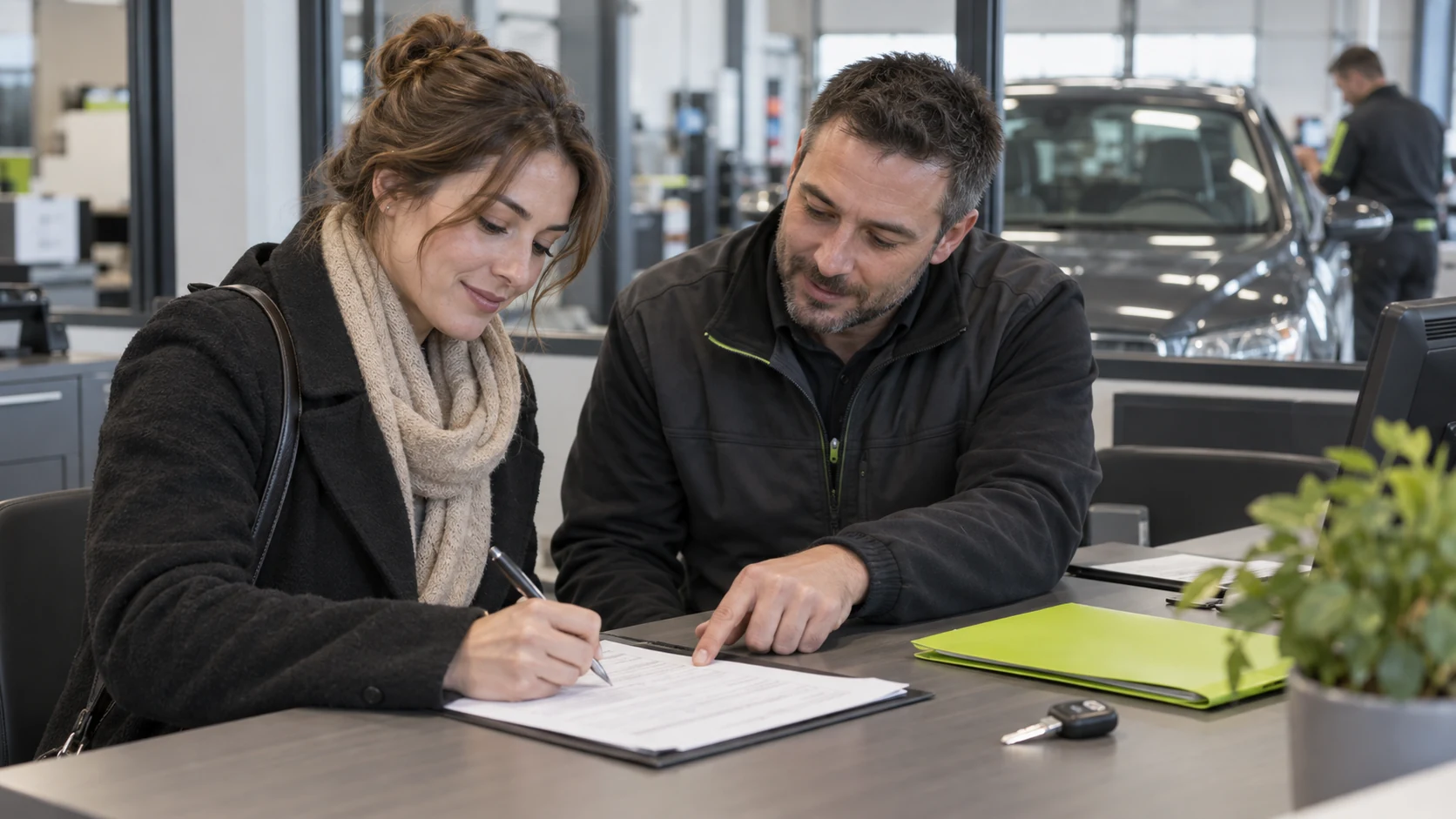 Cliente remplissant un formulaire de prise en charge avec un conseiller en vitrage automobile.