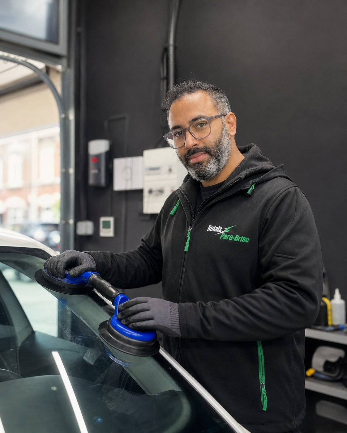 Technicien Relais Pare-Brise installant un pare-brise