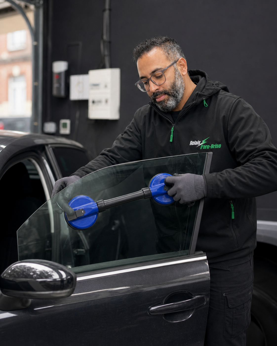 Technicien Relais Pare-Brise remplaçant une vitre latérale